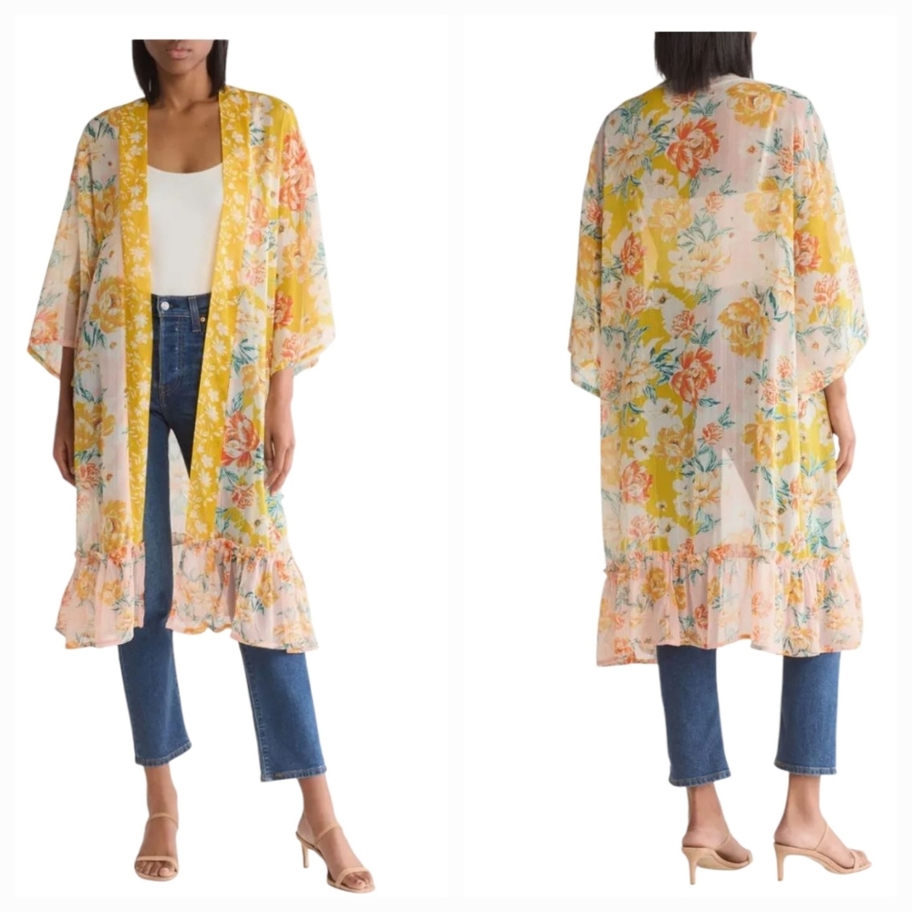 VINCE CAMUTO Yellow Floral Kimono One Size Ruffle Hem NWT